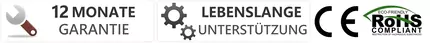 12-monatige Garantie, Lebenslanger Support, CE- und RoHS-Symbole